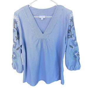 J Jill Blouse Womens Medium Floral Embroidered Striped Cotton Boho Cottagecore